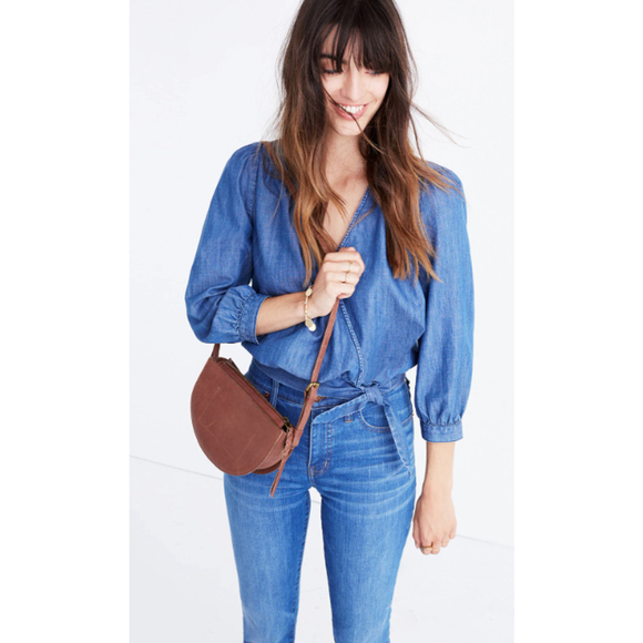 Madewell Womens XL Blue 70s Retro Cropped Fit V-Neck Long Sleeve Denim Wap Top - Picture 2 of 15